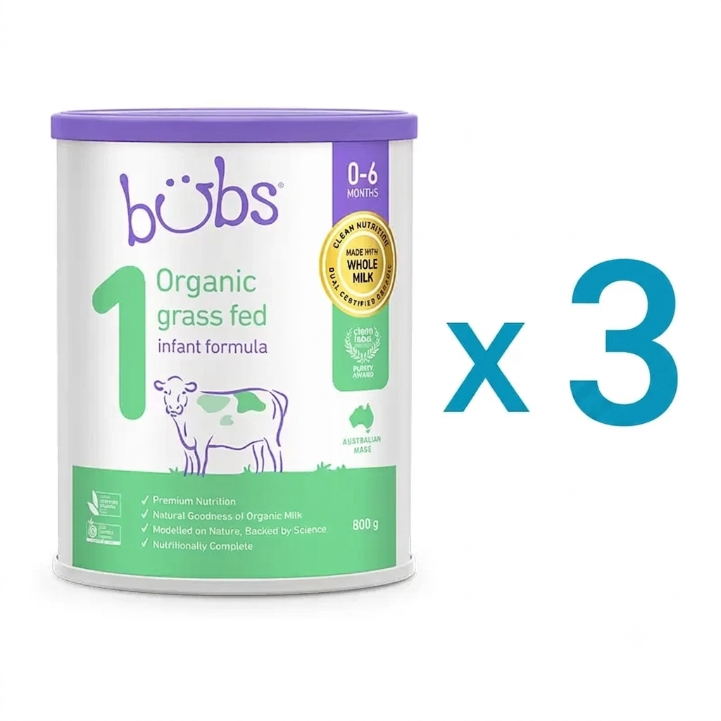 Bubs Organic Step 1 Powdered Milk (0-6 months), Large Can, 800g, Grass-Fed (x3)