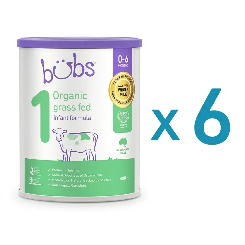 Bubs Organic Step 1 Powdered Milk (0-6 months), Large Can, 800g, Grass-Fed (x6)