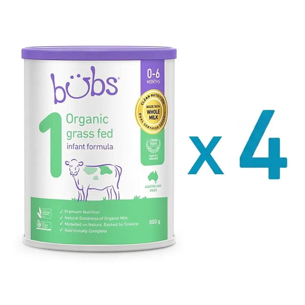 Bubs Organic Step 1 Powdered Milk (0-6 months), Large Can, 800g, Grass-Fed (x4)